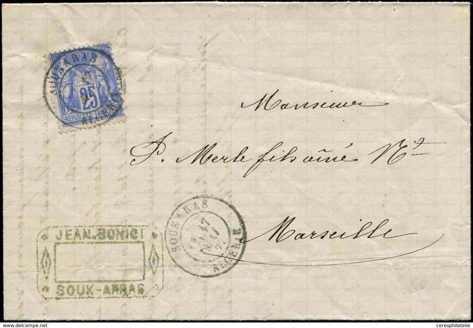 Let LETTRES ET OBLITERATIONS D'ALGERIE - N°78 Obl. Càd SOUKARAS 17/5/77 Sur LAC, TB - 1849-1876: Période Classique