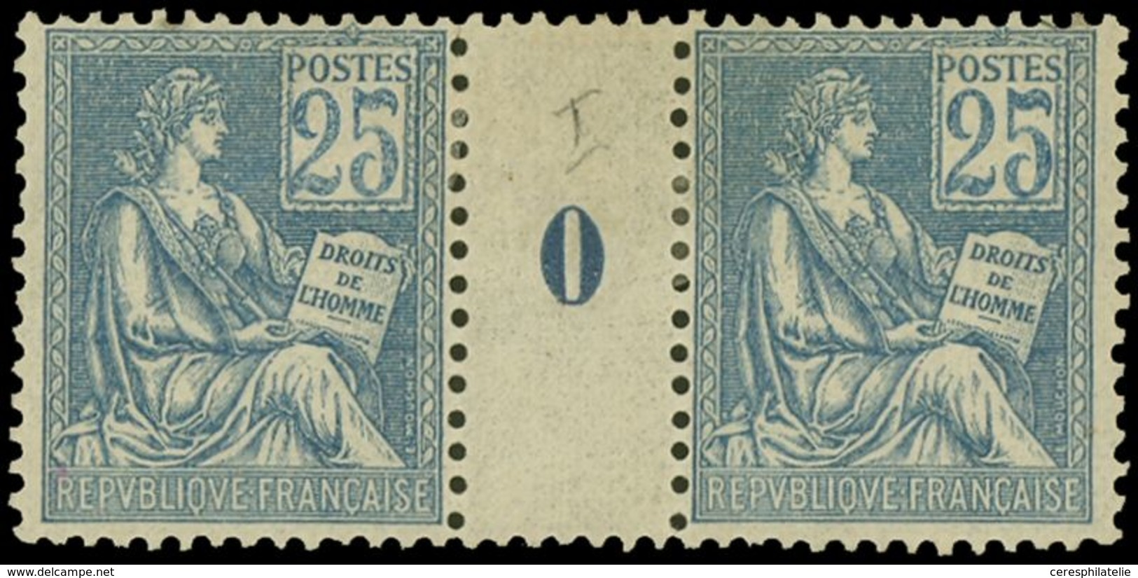 * EMISSIONS DU XXème SIECLE - 114   Mouchon, 25c. Bleu, PAIRE Mill.0, Ch. Légère S. Les 2 T., TB - Unused Stamps