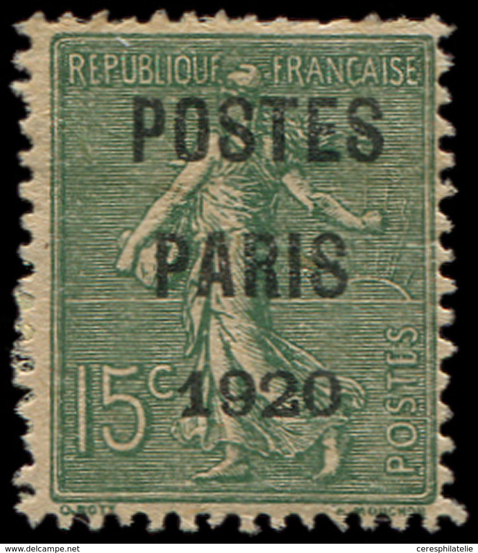 (*) PREOBLITERES - 25  15c. Vert-olive, POSTES PARIS 1920, TB - 1893-1947