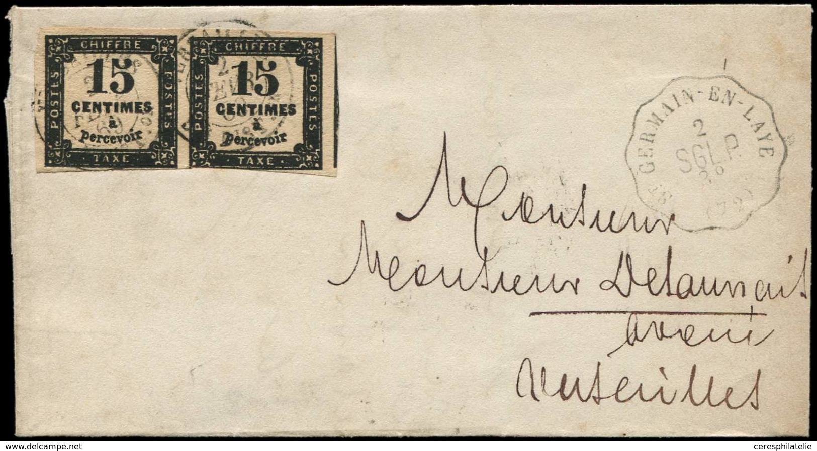 Let TAXE - 3   15c. Noir Typo T I, PAIRE Effl. En Bas Obl. Càd T15 VERSAILLES 5e DISTon 2/2/69 S. LAC Non Affr. Retirée  - 1859-1959 Covers & Documents