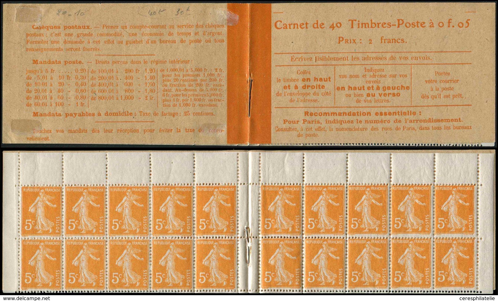 CARNETS (N°Cérès Jusqu'en1964) - 158-C1    Semeuse Camée,  5c. Orange, N°158a, T IIA, Traces De Ch. Au Verso De La Couv. - Autres & Non Classés