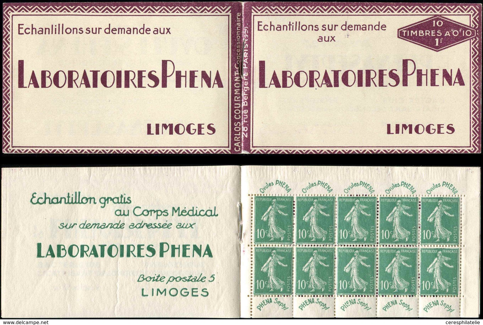 CARNETS (N°Cérès Jusqu'en1964) - 188-C2    Semeuse Chiffres Maigres, 10c. Vert, N°188, PHENA, Haut De Feuille, Timbres T - Other & Unclassified