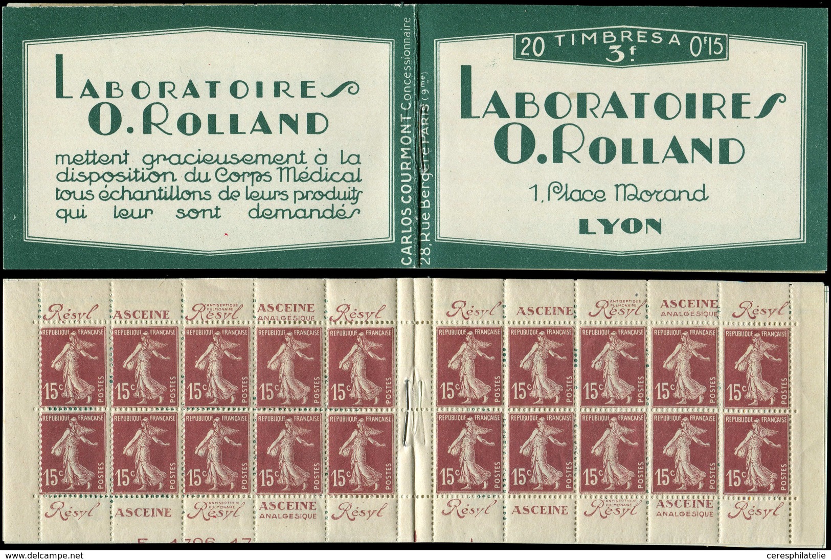 CARNETS (N°Cérès Jusqu'en1964) - 189-C1    Semeuse Camée, 15c. Brun-lilas, N°189, T I, Laboratoires ROLLAND, Amorce De N - Other & Unclassified