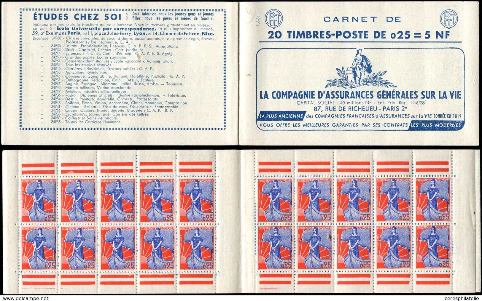 CARNETS (N°Cérès Jusqu'en1964) - 1234-C2    Marianne à La Nef, 0,25 Bleu Et Rouge, N°1234a, T I, S. 6-60, ASSURANCES VIE - Autres & Non Classés