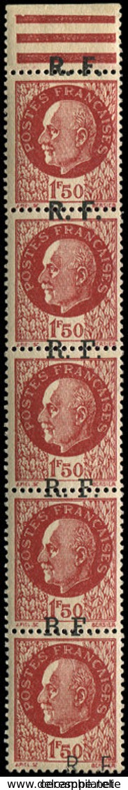 ** TIMBRES DE LIBERATION - BORDEAUX 6 : 1f50 Brun Rouge, Bande De 5 Bdf Surcharge à Cheval, T III (2), T II (3), T I (1) - Liberation