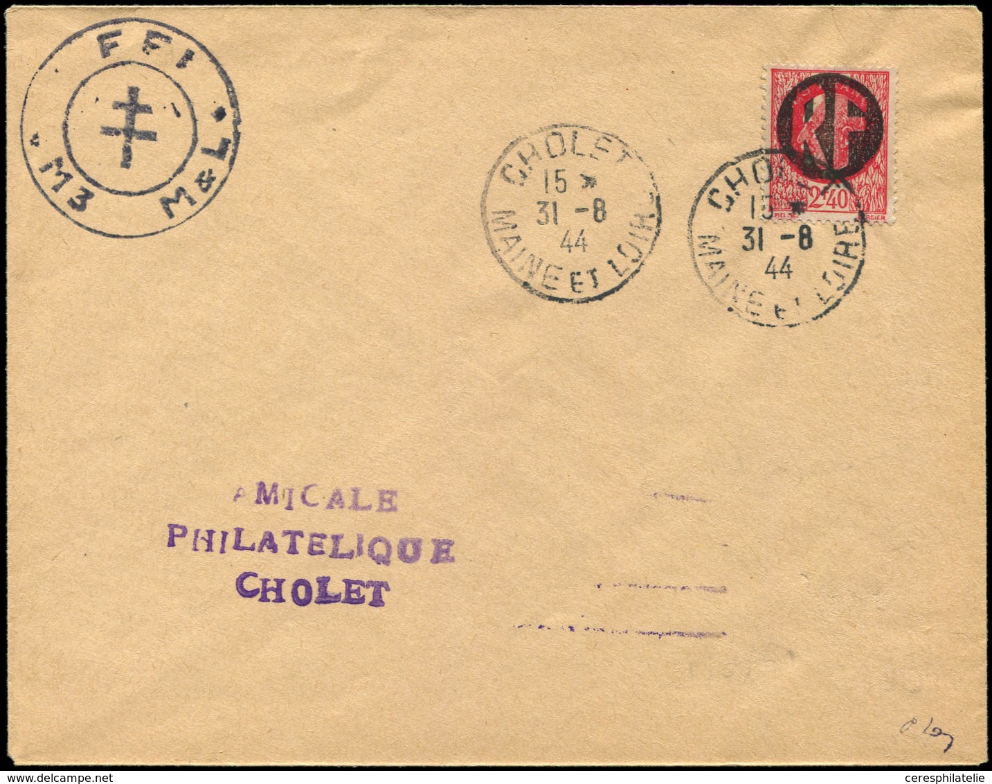 Let TIMBRES DE LIBERATION - CHOLET 19 : 2f40 Rouge, Obl. 31/8/44 Sur Env., TB, Signé Mayer - Liberation