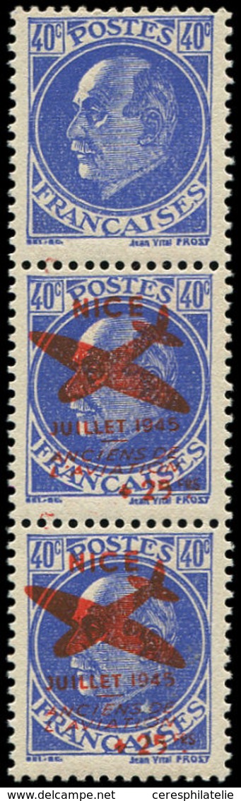 ** TIMBRES DE LIBERATION - NICE 14 : 40c. Outremer, BANDE De 3, Un Ex. Sans Surcharge, TB, Signé Mayer - Liberation