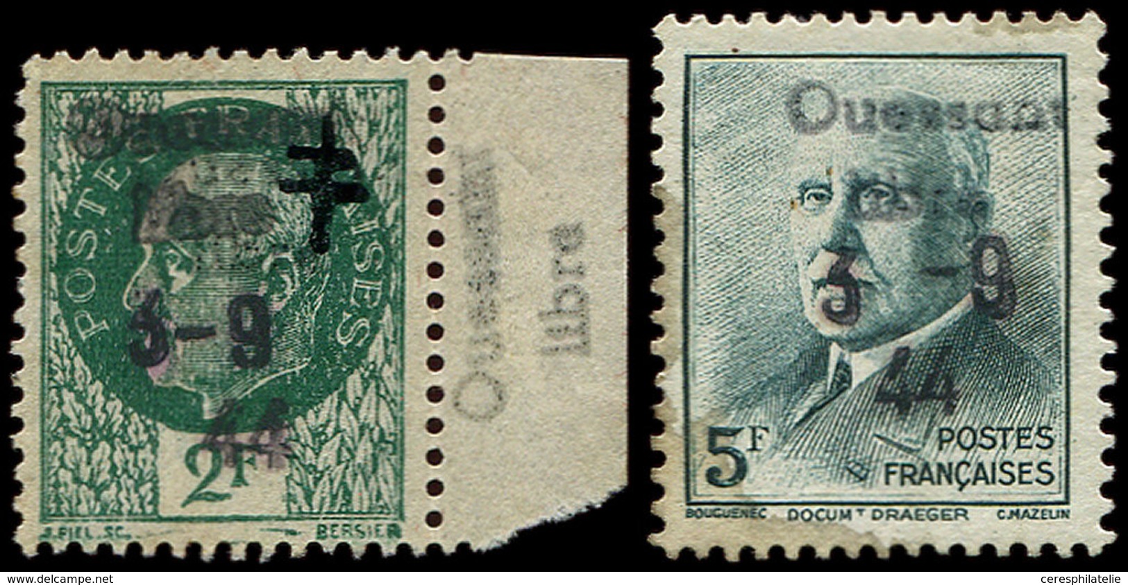 (*) TIMBRES DE LIBERATION - OUESSANT 38 Et 46 : 2f. Vert Et 5f. Vert-bleu, N°38 Avec Croix De Lorraine, N°46 Taché, Sino - Liberation