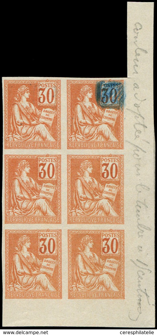 (*) VARIETES - 115   Mouchon, 30c. Orange, BLOC De 6 Cdf, Une Valeur Faciale Rayée En Bleu, ESSAI De Couleur Pour Le Tim - Used Stamps