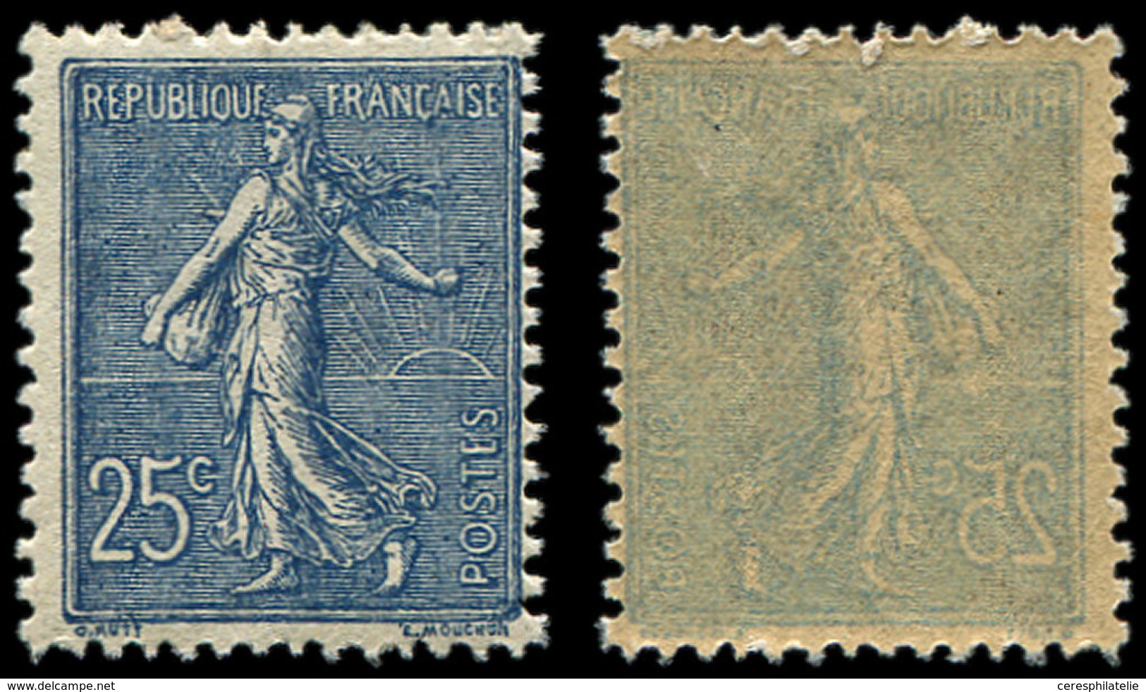 * VARIETES - 132d  Semeuse Lignée, 25c. Bleu, Impression RECTO-VERSO, TB - Usados