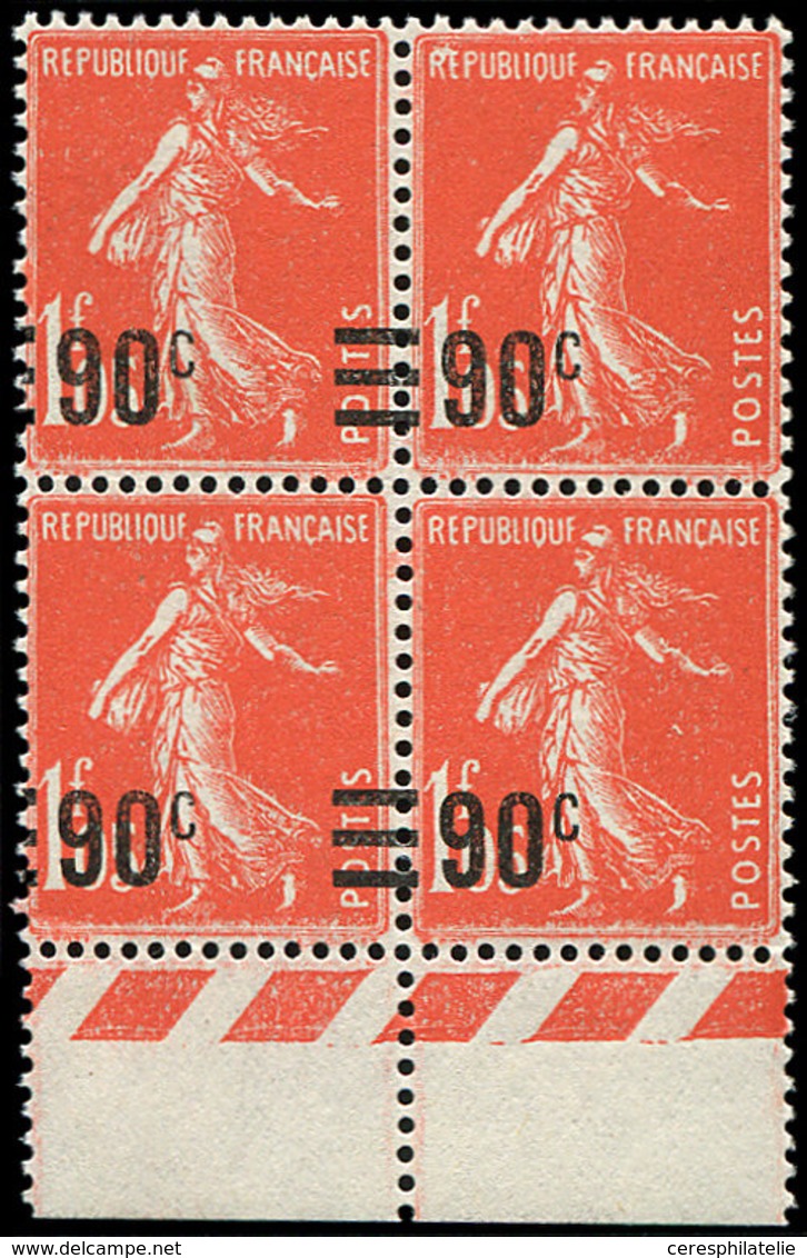 ** VARIETES - 227b  Semeuse Camée, 90c. S. 1f.05, VALEUR Sur VALEUR Avec Barres, BLOC De 4 Dont Un Ex. *, TB - Used Stamps