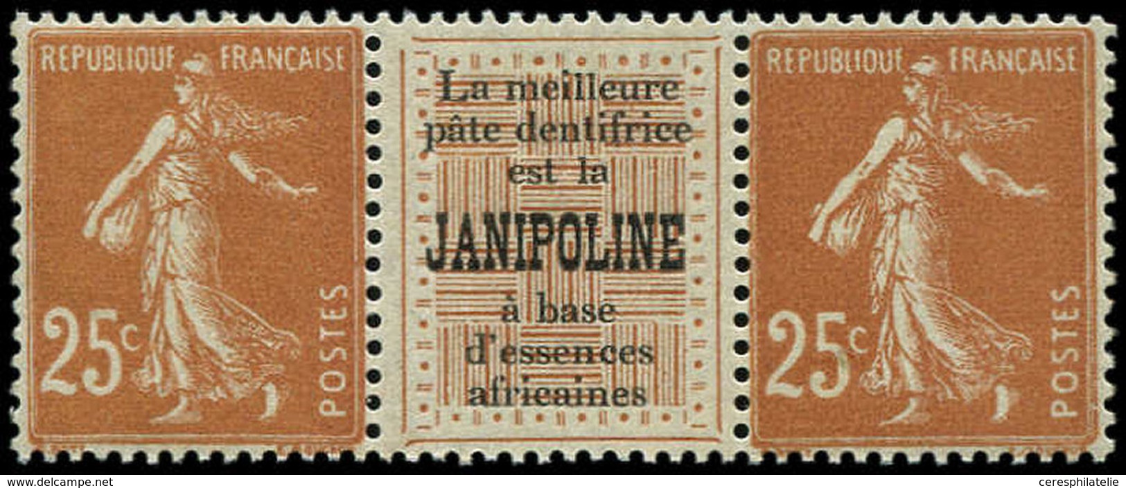 ** VARIETES - 235   Semeuse Camée, 25c. Brun-jaune, PAIRE Interp. Pub JANIPOLINE, TB, Cote Maury - Usados