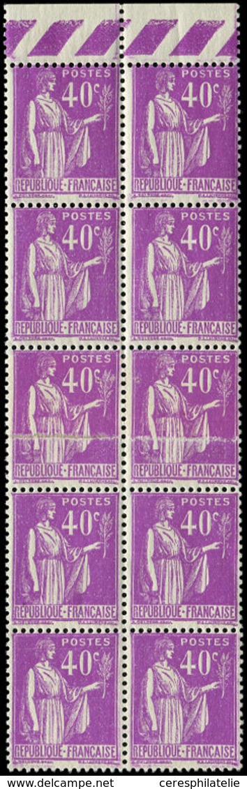 ** VARIETES - 281   Paix, 40c. Lilas, BLOC De 10 Bdf Dont 2 Impression S. RACCORD, TB, Cote Maury - Oblitérés