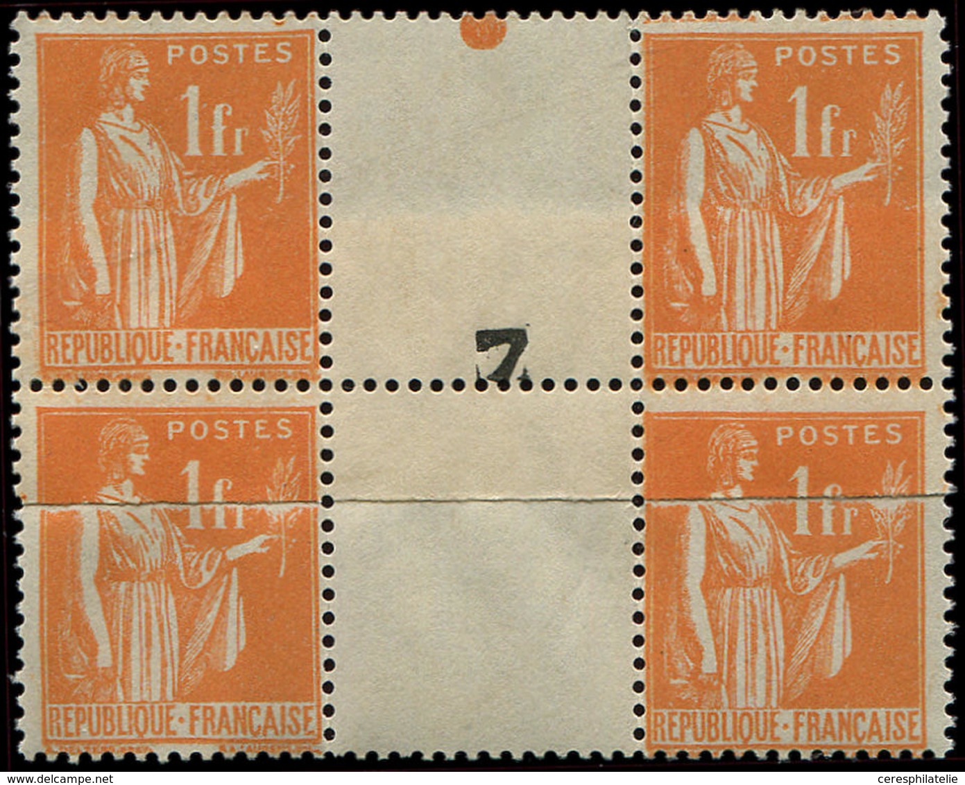 ** VARIETES - 286   Paix,  1f. Orange, BLOC De 4 Interp., IMPRESSION Sur RACCORD, TB - Usados