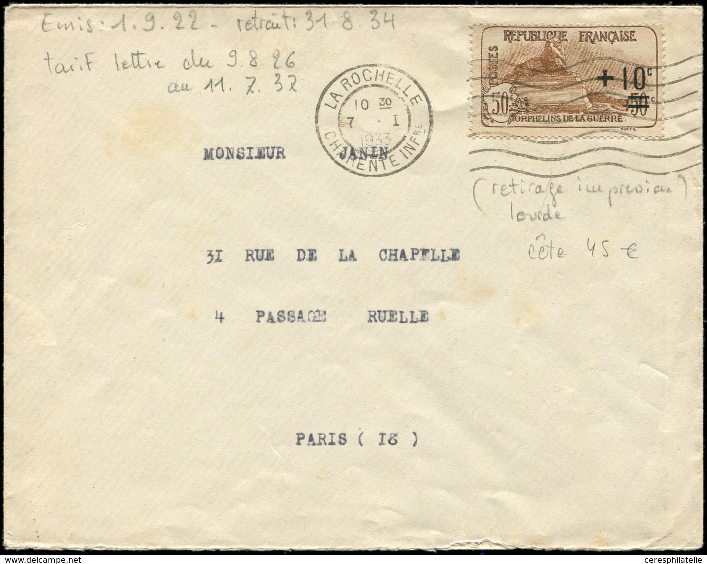 Let LETTRES DU XXe SIECLE - N°167 7/1/33 La Rochelle, Env., TB - Covers & Documents