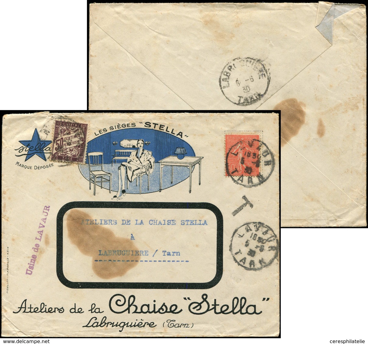 Let LETTRES DU XXe SIECLE - N°199 Obl. Càd 5/6/30 Sur Env. Illustrée Sièges Stella Pour Labruguiere Et Taxée 50c., Arr. - Covers & Documents