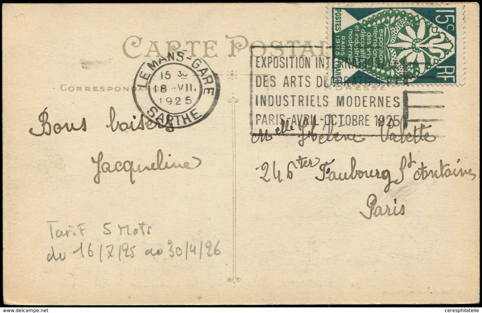 Let LETTRES DU XXe SIECLE - N°211 18/7/25 Le Mans, 5 Mots Quelconques Ordinaires, TB - Covers & Documents