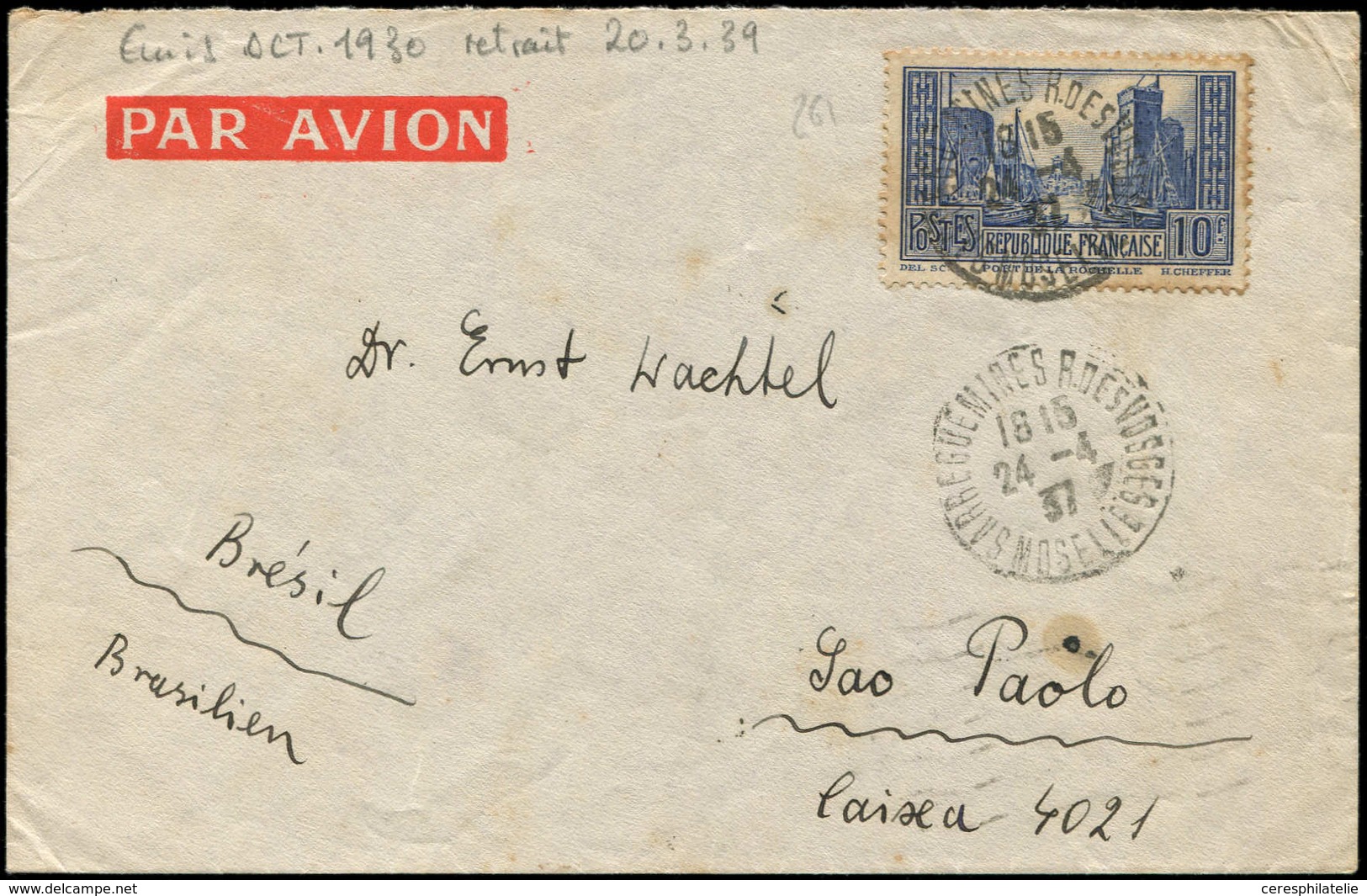 Let LETTRES DU XXe SIECLE - N°261 24/4/37, Env. Par Avion P. Le BRESIL, TB - Covers & Documents