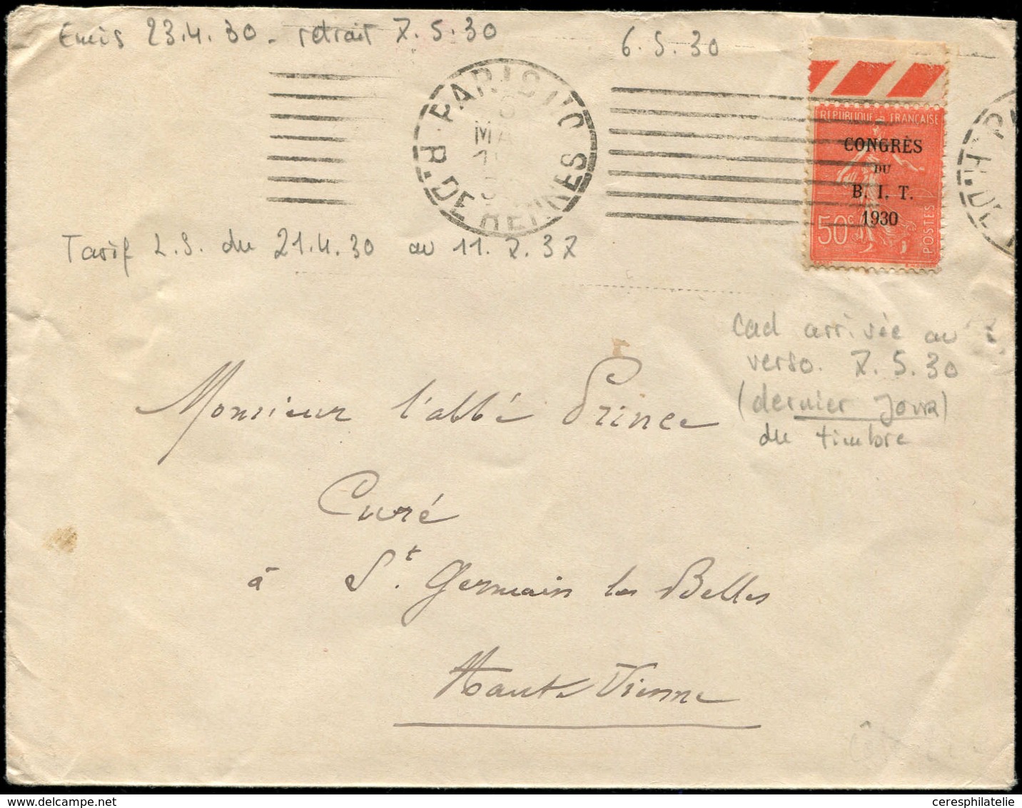 Let LETTRES DU XXe SIECLE - N°264 6/3/38, Env. Intérieure, Arr. Date Du Dernier Jour Du TP, TB - Covers & Documents