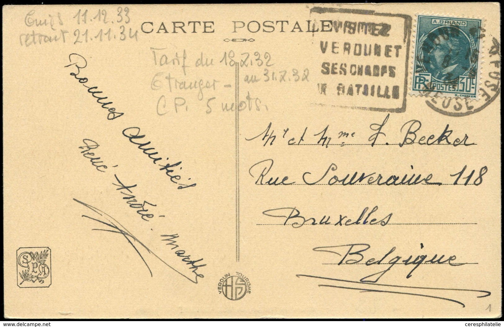 Let LETTRES DU XXe SIECLE - N°291 8/5/34 Verdun, CP P. L'Etranger, TB - Covers & Documents