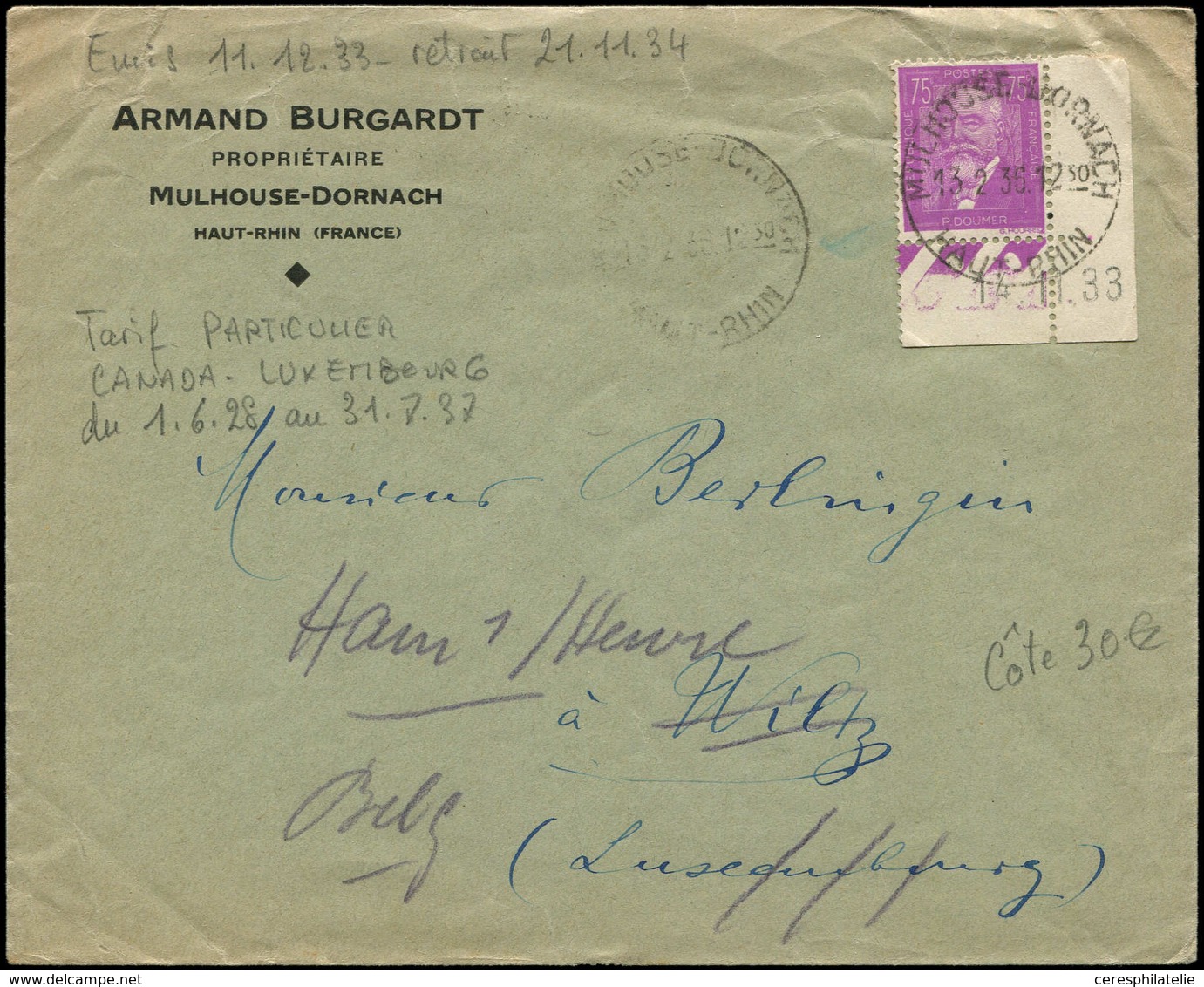 Let LETTRES DU XXe SIECLE - N°292 12/2/39, Mulhouse, Env. P. Le Luxembourg, TB - Covers & Documents