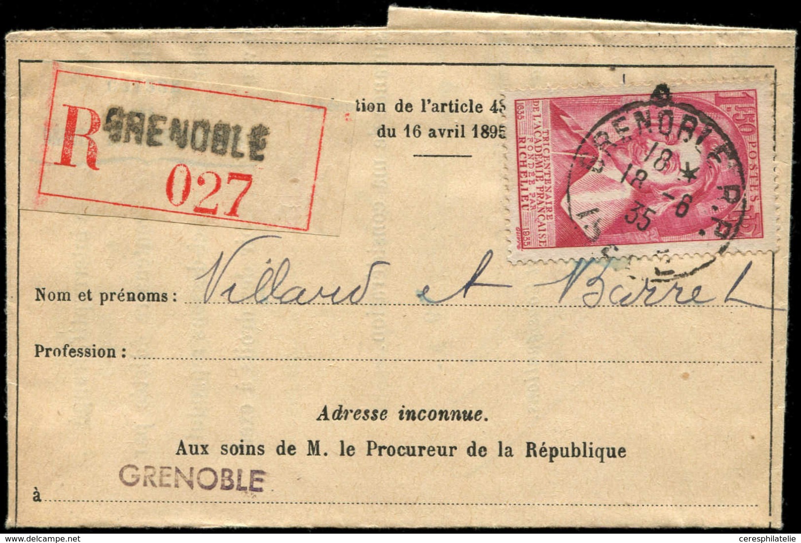 Let LETTRES DU XXe SIECLE - N°305 18/6/35, Lettre Rec. En Franchise, TB - Covers & Documents