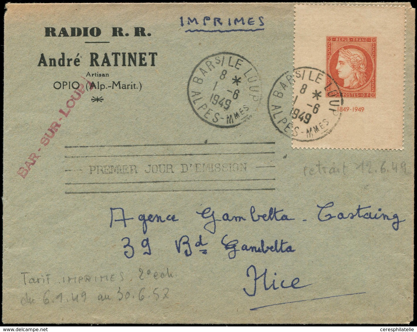 Let LETTRES DU XXe SIECLE - N°841 1/6/49, Env. Cial Ordinaire, TB - Covers & Documents