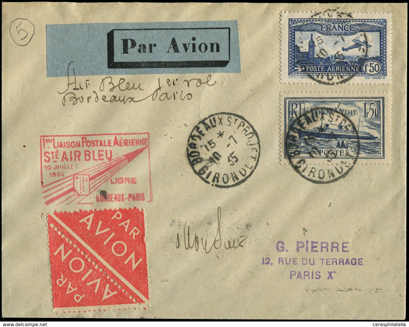 Let Air Bleu - N°299 Et PA 9 Obl. Càd BORDEAUX 10/7/35 S. Env.  BORDEAUX-PARIS, TB - First Flight Covers