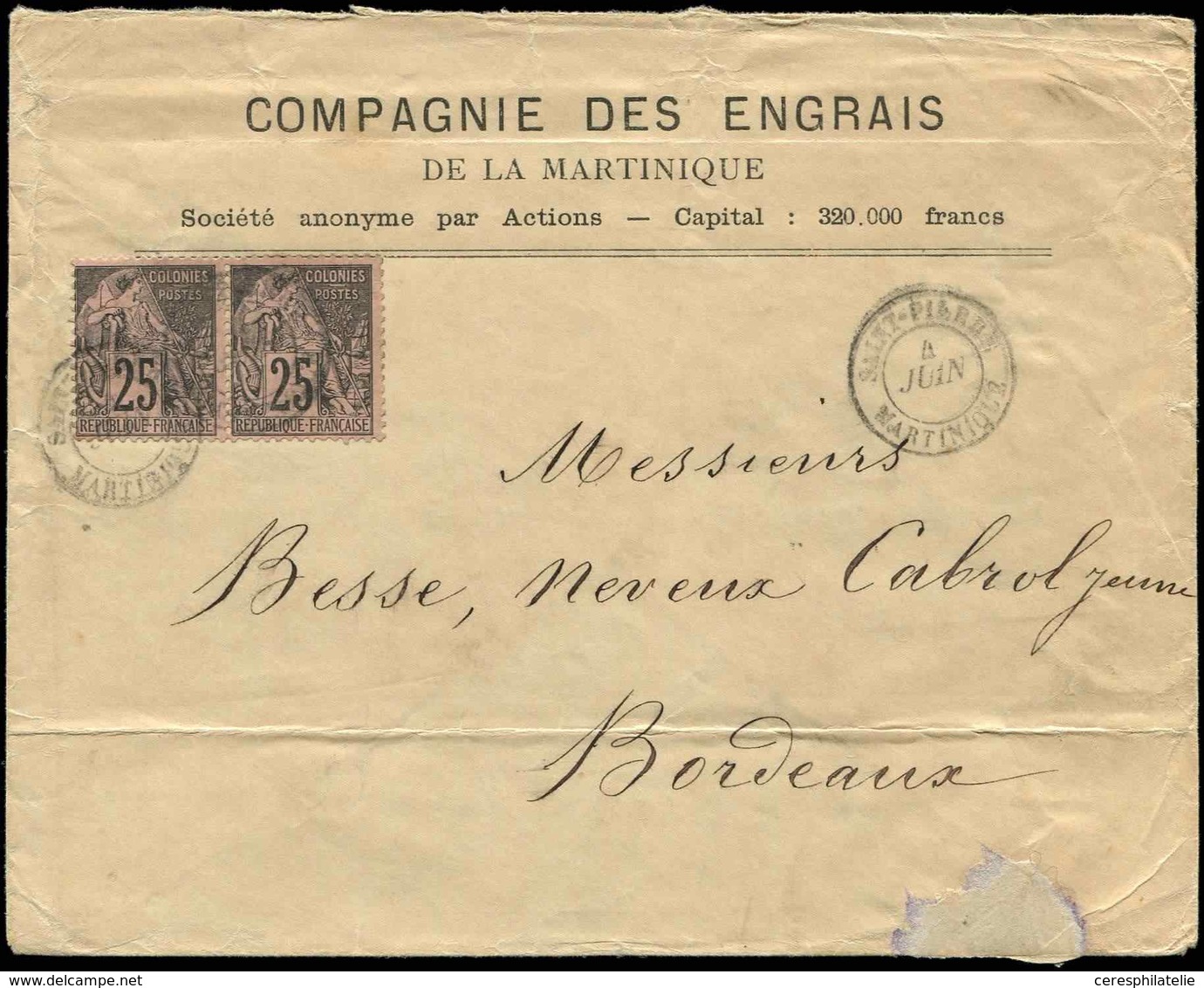 Let Colonies Générales - 54   25c. Noir S. Rose, PAIRE Obl. Càd SAINT PIERRE MARTINIQUE 4/6/- S. Env. Compagnie Des Engr - Autres & Non Classés