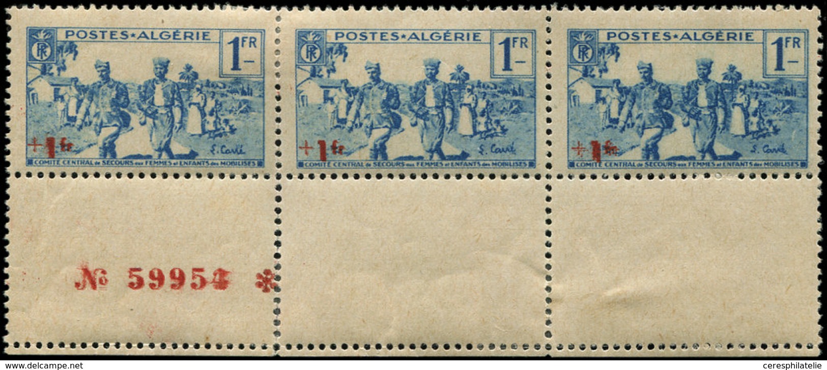 * ALGERIE 159 : +1f. Sur 1f. Bleu, BANDE De 3 Avec Bas De Feuille Numéroté, Surcharge DOUBLEE, TB - Autres & Non Classés