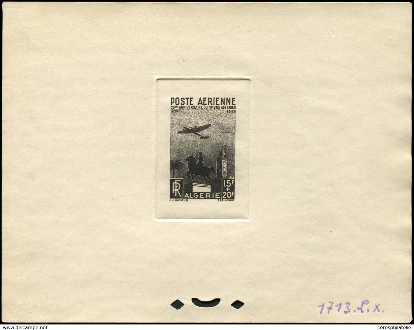 ALGERIE PA 13 : Monument, 15f. + 25f., épreuve D'atelier En Noir (couleur 1713), TB - Airmail