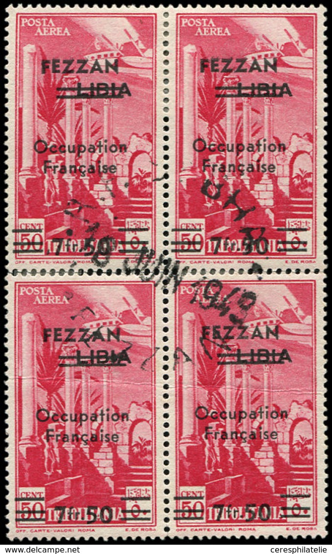 FEZZAN PA 2 : 7f50 Sur 50c. Rose Carminé, BLOC De 4 Obl. Càd SEBBHA 18/6/42, Pli Sur 2 T., Rare En Bloc, TB. Br - Autres & Non Classés