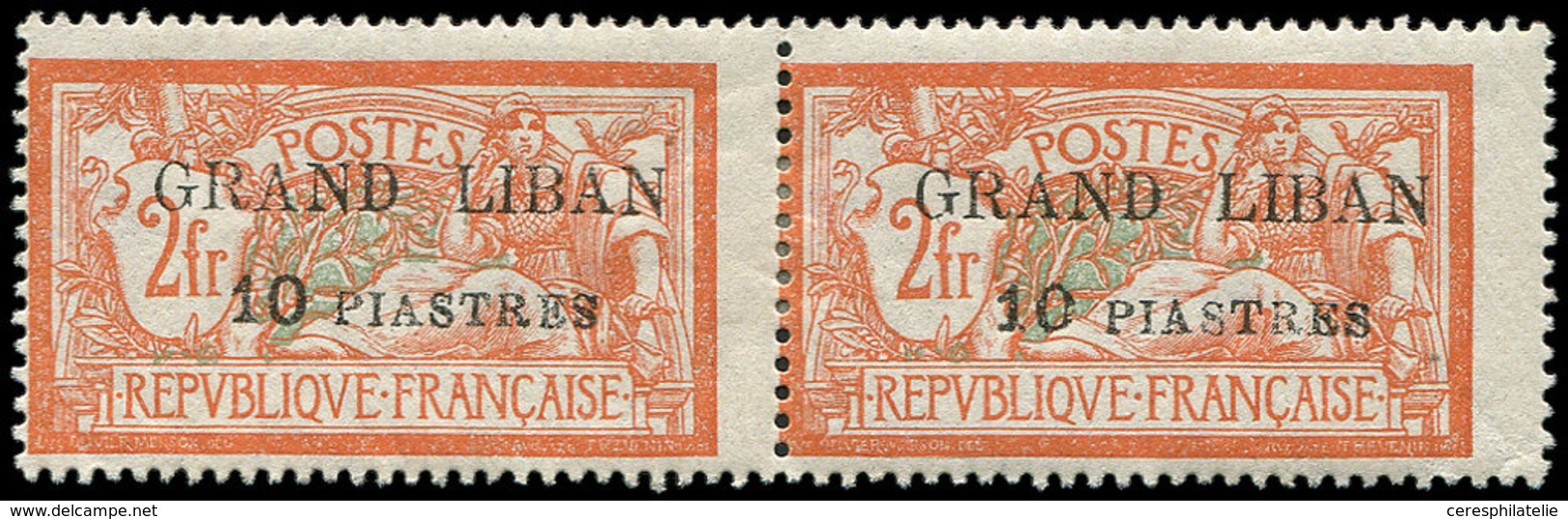 * GRAND LIBAN 13 : 10pi. S. 2f. Orange Et Vert-bleu, 2e S De PIASTRES RENVERSE Tenant à Normal, TB - Autres & Non Classés