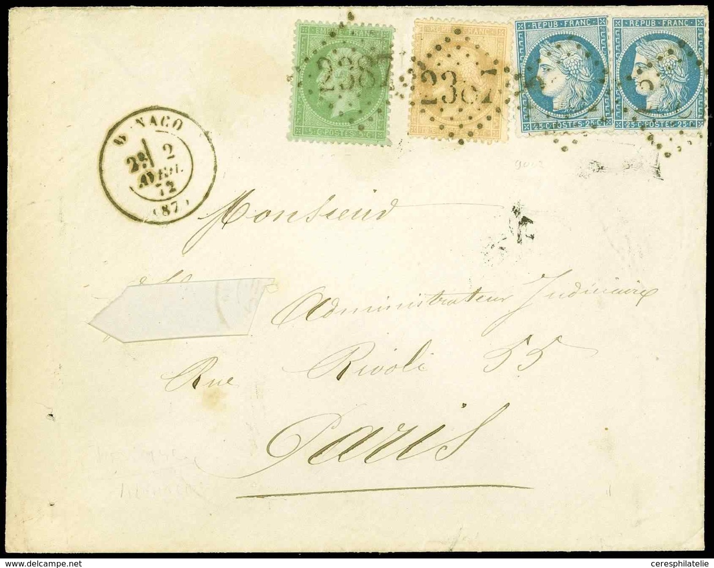 Let MONACO France N°20 5c. Vert, N°59 15c. Bistre Et N°60 25c. Bleu (2) Obl. GC 2387  S. Env. (nom Découpé), Càd T17 MON - ...-1885 Prephilately