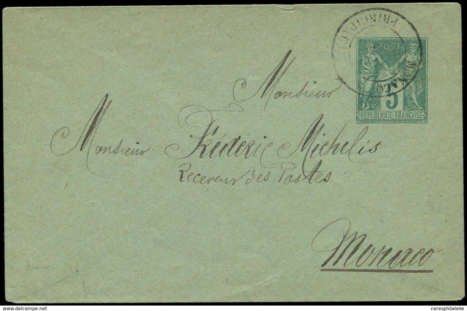 Let MONACO France Env. Entier 5c. Vert Obl. Càd MONACO PRINCIPAUTE, Port Local, TB, Cote Cérès - ...-1885 Precursores