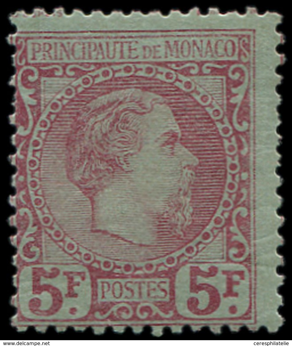 * MONACO 10 : 5f. Carmin Sur Vert, Charles III, Petite Froissure Horiz. Mais Bonne Présentation Pour Ce Timbre Difficile - ...-1885 Prephilately