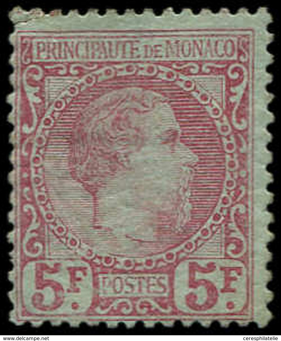 * MONACO 10 : 5f. Carmin Sur Vert, Charles III, Coin Supérieur Gauche Réparé, Sinon Bel Aspect, B/TB. C - ...-1885 Préphilatélie