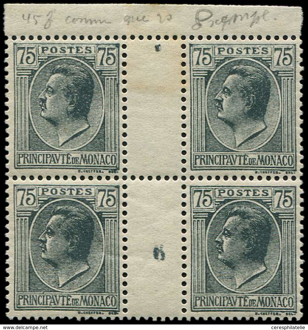 ** MONACO 92 : 75c. Gris-noir, BLOC De 4 Mill. "petit 6", Bdf Interp., TB, Cote Maury - ...-1885 Prephilately