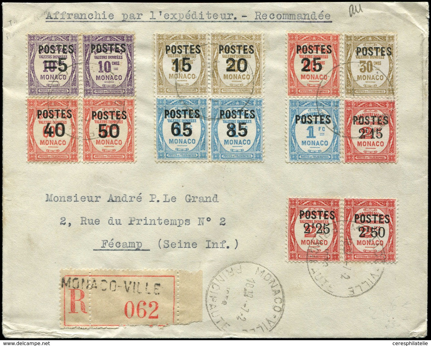 Let MONACO 140/53 : Série Surchargée, Obl. Càd MONACO VILLE 7/2/1938 S. Env. Rec. Pour Fécamp, TB - ...-1885 Préphilatélie