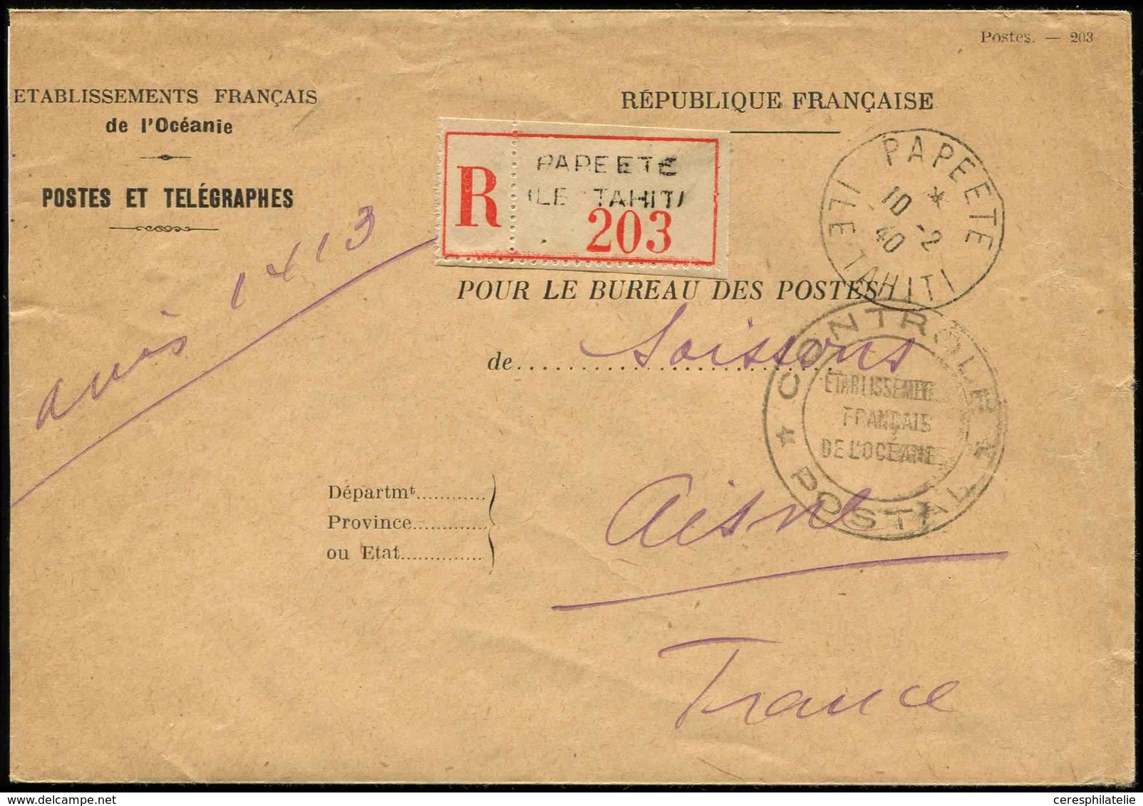 Let OCEANIE Càd PAPEETE ILE TAHITI 10/2/40 S. Env. Rec. En Franchise POSTES Et TELEGRAPHES, TB - Other & Unclassified