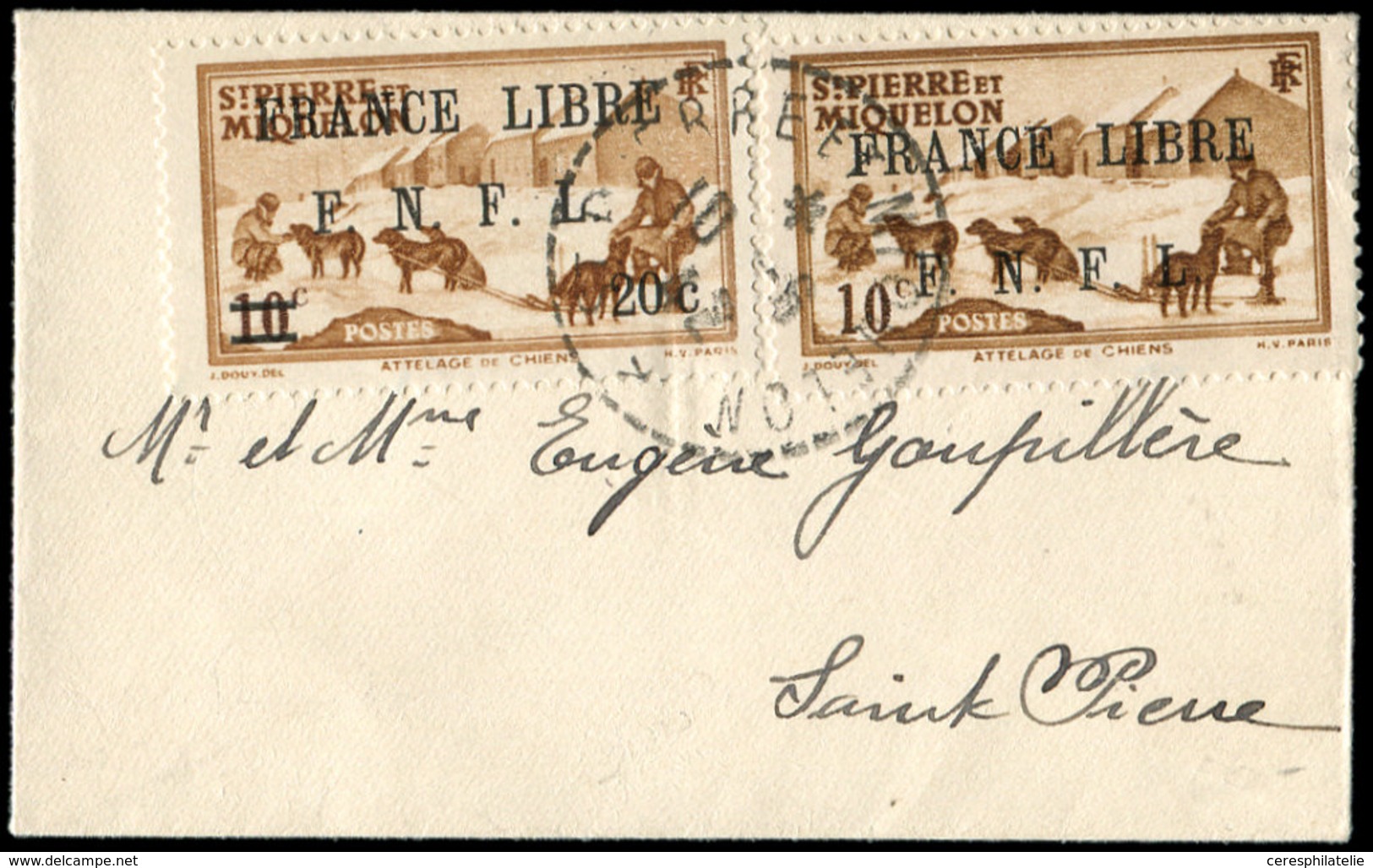 Let SAINT PIERRE ET MIQUELON 274 : 20c. S. 10c. Brun Jaune, FRANCE LIBRE, 2 Ex. Obl. St PIERRE 10/6/42 S. Petite Env. Lo - Unused Stamps