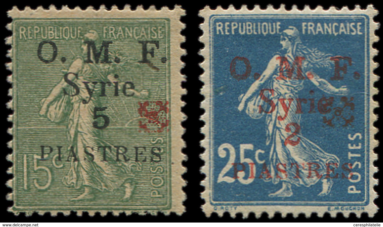 * SYRIE 51/52 : 2pi. Sur 25c. Bleu Et 5pi. Sur 15c. Vert Olive, Fleurons Rouges, TB - Other & Unclassified