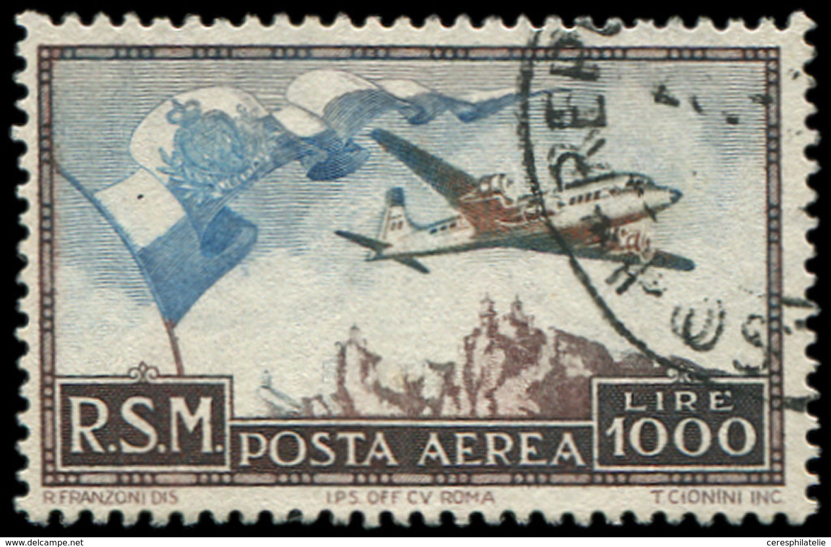 SAINT MARIN PA 88 : 1000l. Brun Foncé Et Bleu, Obl., TB - Corréo Aéreo