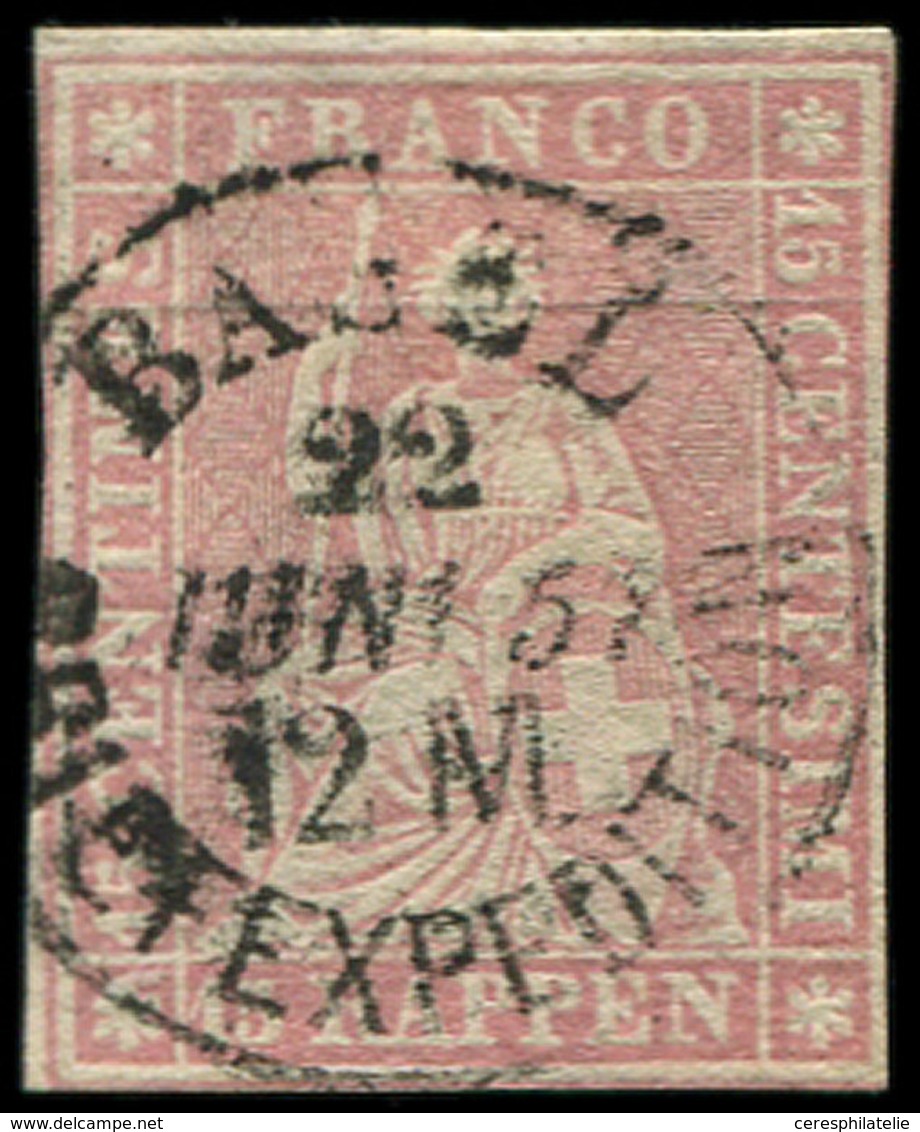 SUISSE 28b : 15r. Rose, Obl. Càd 22/6/1857, Fil De Soie Vert, TB - 1843-1852 Timbres Cantonaux Et  Fédéraux