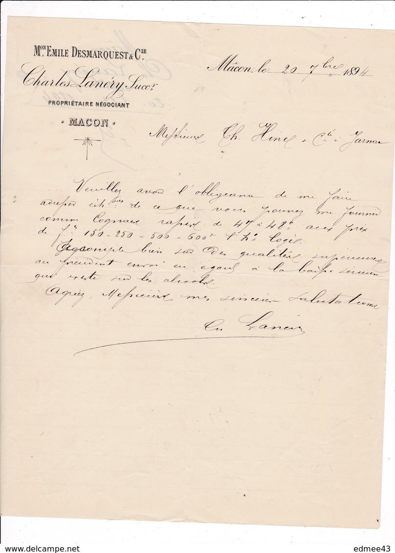 Courrier 1894 Vins Charles Lanéry (anc. Emile Desmarquest & Cie), Mâcon, à Lucien Foucauld & Cie Distillateur Cognac - Alimentaire