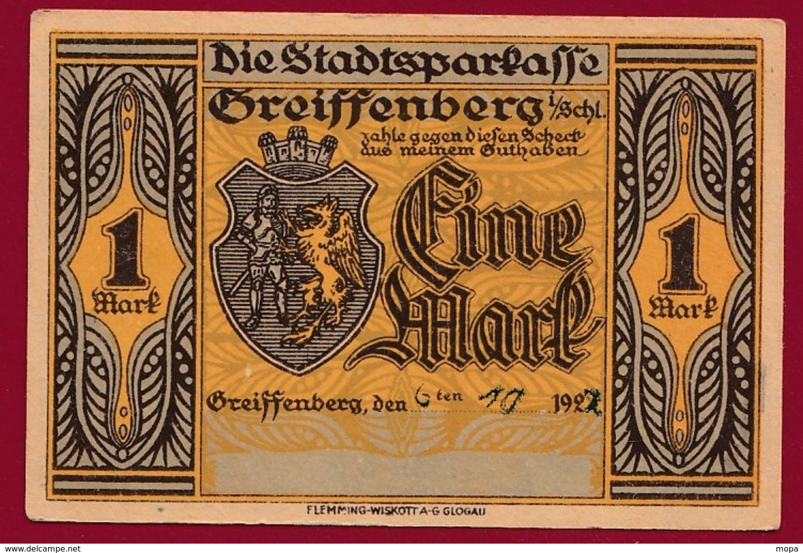 Allemagne 1 Notgeld  1 Mark  Stadt  Greiffenberg (Pologne---Gryfow) (RARE) Dans L 'état N °4605 - Collections
