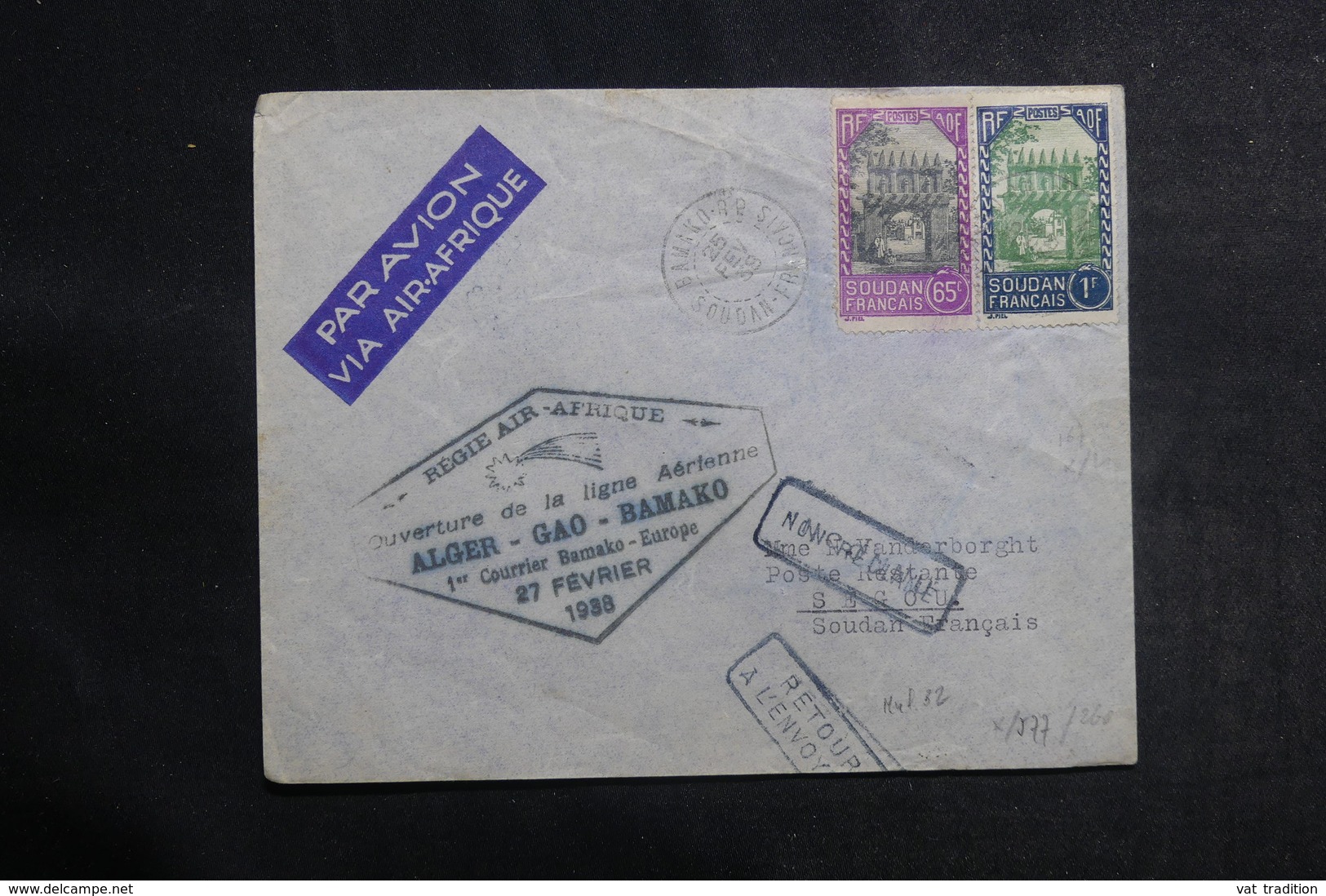 SOUDAN - Enveloppe De Bamako Pour Segou Par 1 Er Vol Alger / Bamako En 1938, Affranchissement Plaisant - L 41184 - Storia Postale