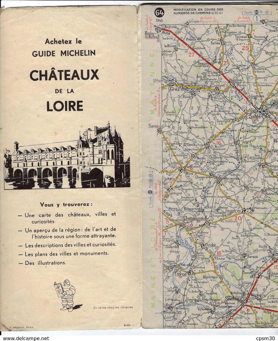 Carte Géographique MICHELIN - N° 064 ANGERS - ORLÉANS 1945 - Cartes Routières