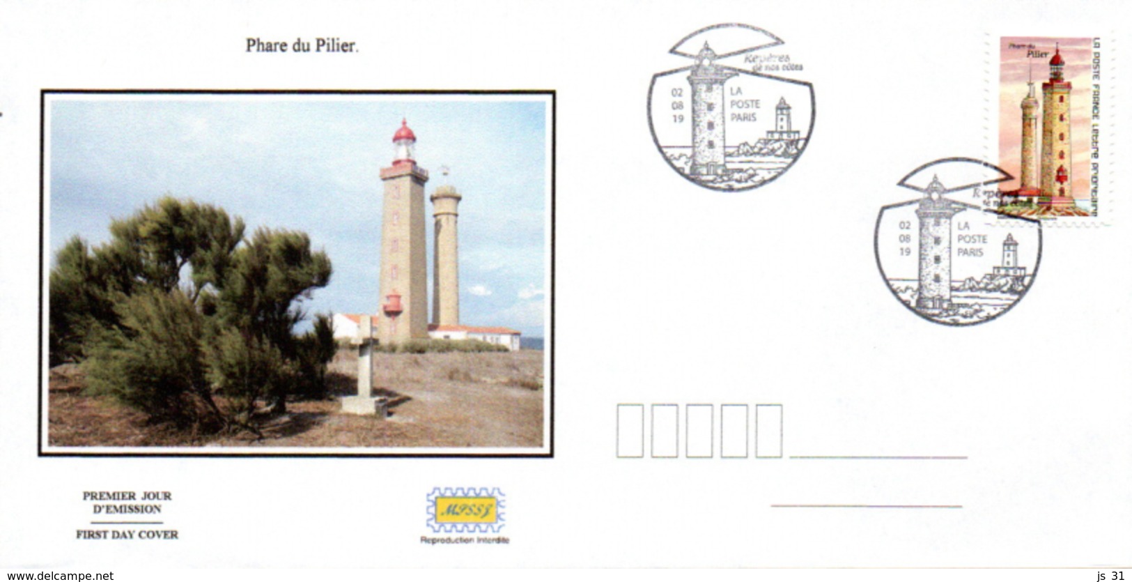 France  2019 FDC : Les Phares : Phare Du Pilier. Obliteration Du 1er Jour 02/08/2019 Paris. - 2010-2019