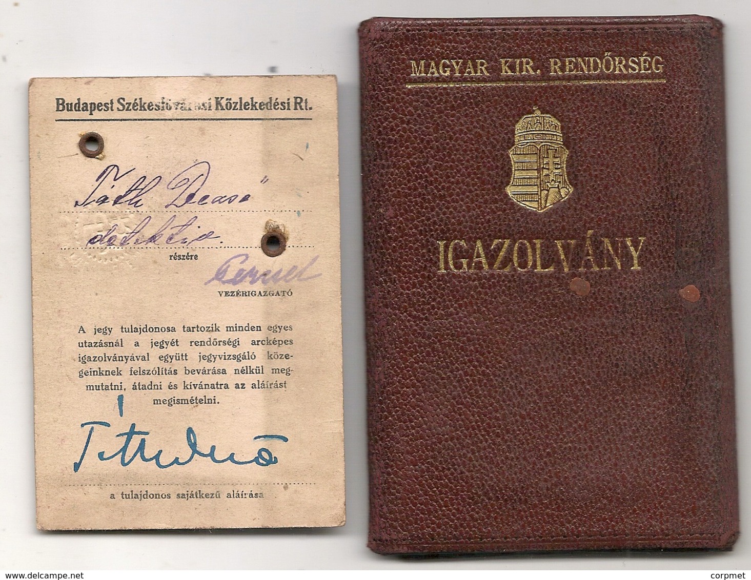 WW2 - Rare HUNGARIAN 1938 POLICE MEMBER IDENTIFICATION BOOKLET + 1944 POLICE MEMBER ID CARD - Documenti Storici